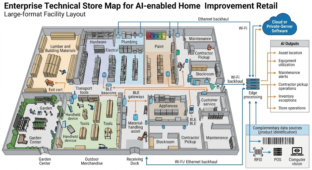 Technical map of a home improvement store showing BLE tracking, data backhaul, and AI-driven operational outputs.
