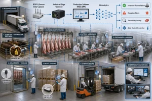 RFID and AI systems tracking meat through processing, packaging, cold storage, and shipping.