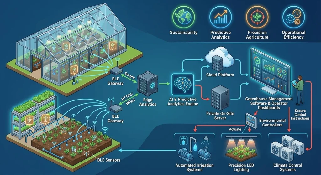 AI-enabled greenhouse and vertical farm system with BLE sensors, AI analytics, automation, and secure data flows.