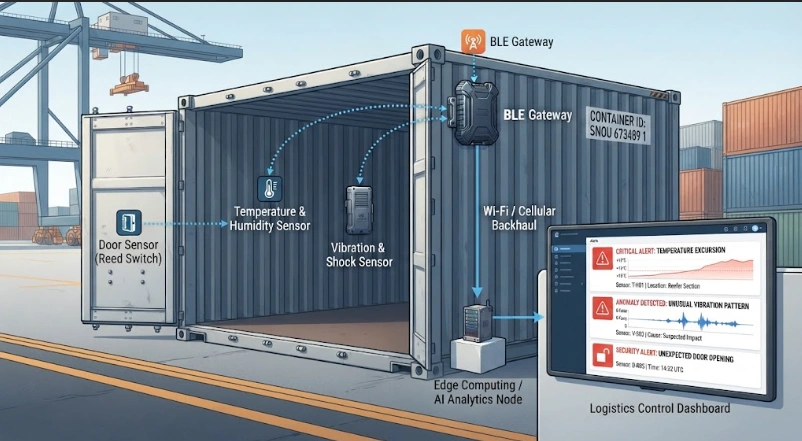 Technical illustration of shipping container sensors sending data to a dashboard via a BLE gateway and AI node.