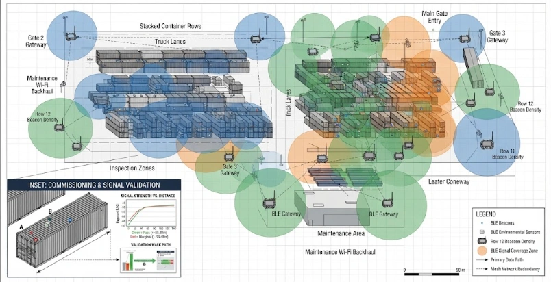 Top-down technical diagram of a container yard showing BLE gateway locations, signal coverage zones, and a signal validation inset.