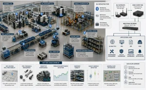AI and BLE smart factory diagram showing connected manufacturing assets, gateways, edge computing, and analytics