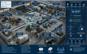 Isometric space systems factory showing BLE sensors, gateways, AI analytics, spacecraft assembly, and manufacturing systems.