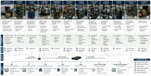 Mobility manufacturing workflow showing BLE tracking, AI applications, production stages, enterprise systems, and outcomes