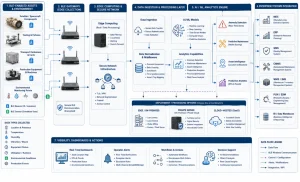 Workflow showing BLE asset data moving through gateways, AI analytics, MES, ERP, QMS, and manufacturing decisions.