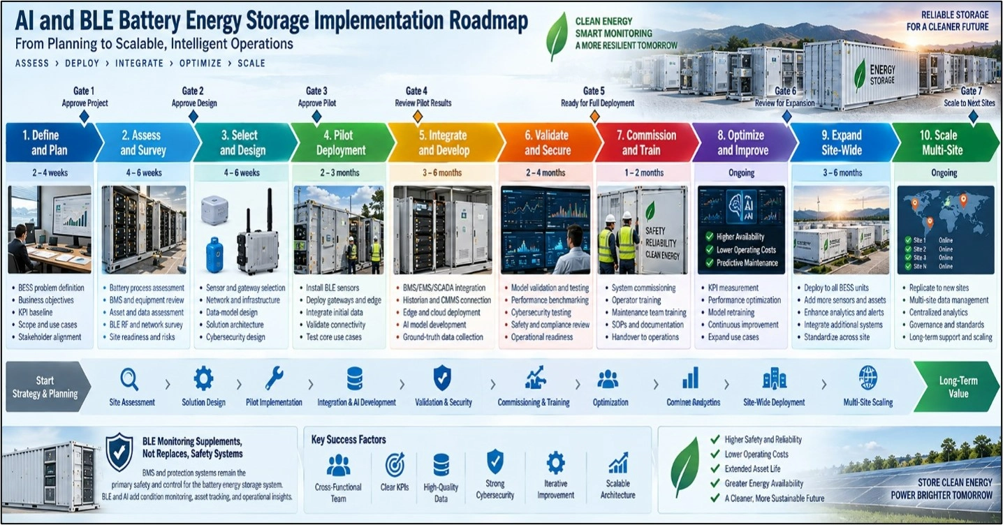 AI and BLE BESS roadmap showing planning, pilot deployment, integration, validation, optimization, and multi-site scaling.