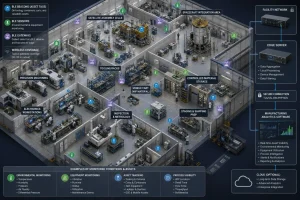 Isometric spacecraft manufacturing facility with BLE beacons, environmental sensors, gateways, edge server, and analytics system.
