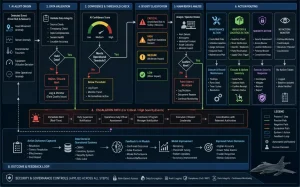 Defense aviation AI alert tree showing validation, human review, escalation, action routing, and model feedback.