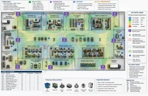 BLE site survey showing gateway placement, RF coverage, dead zones, tagged assets, and validation points in a factory