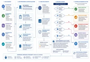 Aerospace AI workflow showing data collection, processing, analysis, human review, and controlled actions