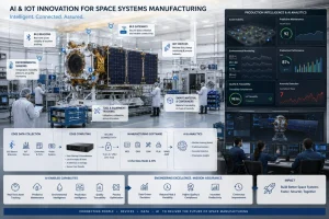 Spacecraft facility with connected sensors and AI dashboards for tracking, quality, and production.