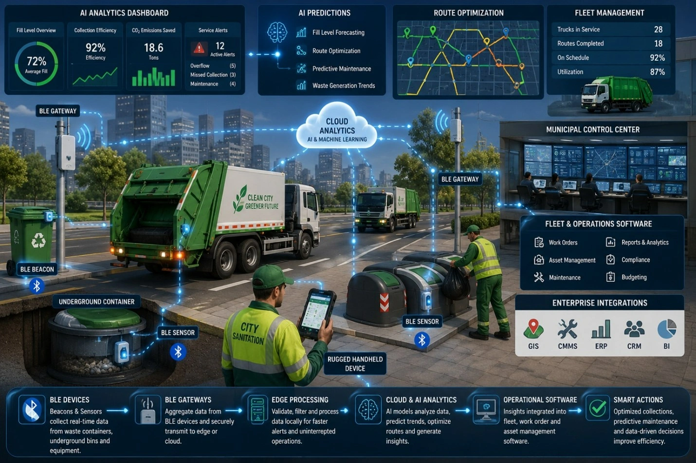 AI-powered BLE waste collection showing smart bins, BLE gateways, collection trucks, AI dashboards, and optimized routes.