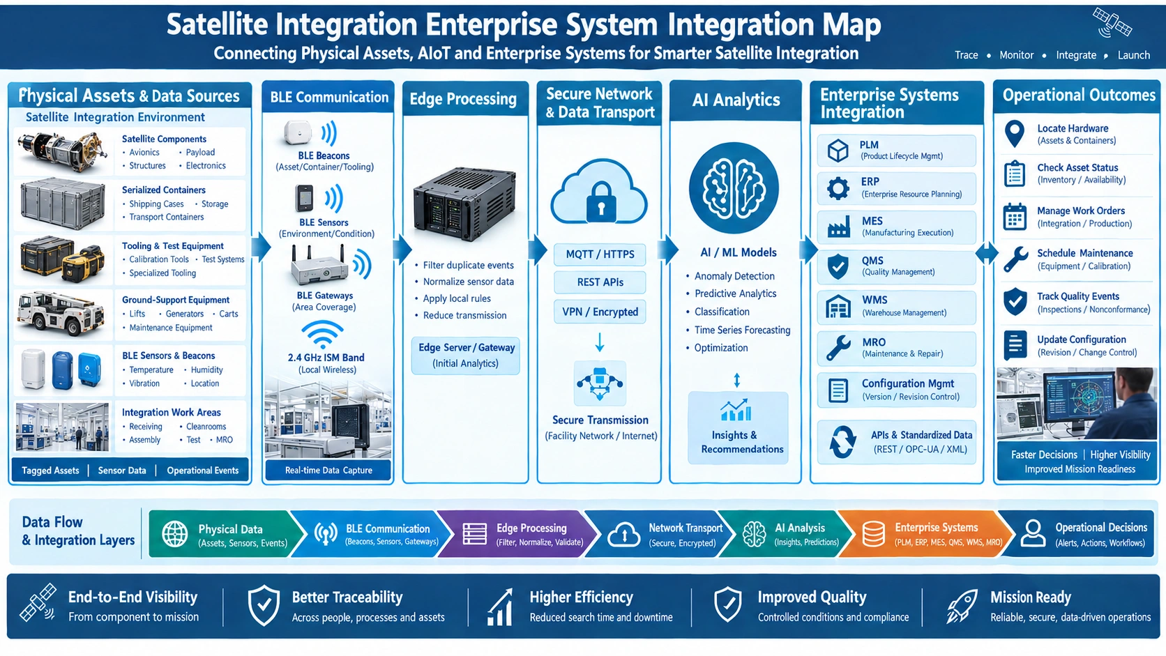 AIoT infographic showing BLE-enabled satellite asset tracking from receiving through assembly, testing, MRO, and shipment.