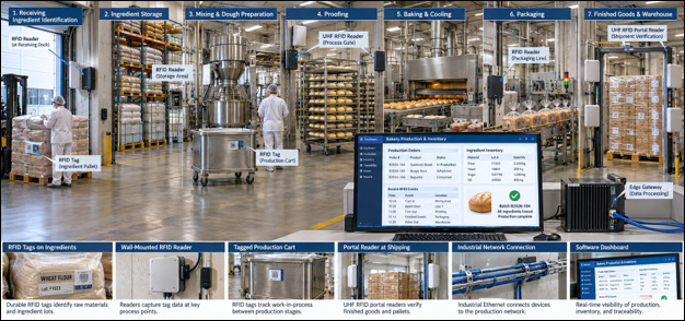 Realistic bakery facility showing RFID readers, tagged materials, production carts, warehouse tracking, and software
