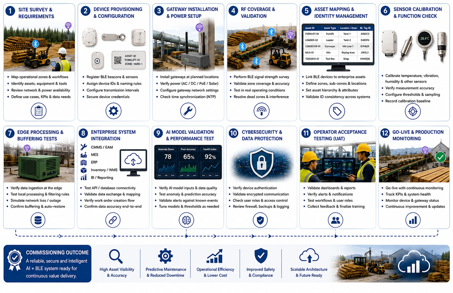 Cybersecurity diagram for AI and BLE timber operations showing layered controls, gateways, networks, servers, and users.