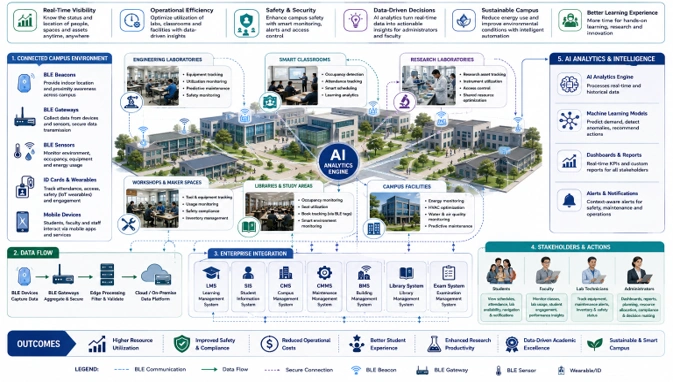 Layered AI and BLE security diagram showing encrypted data flows, SIEM monitoring, compliance controls, and secure campus systems.