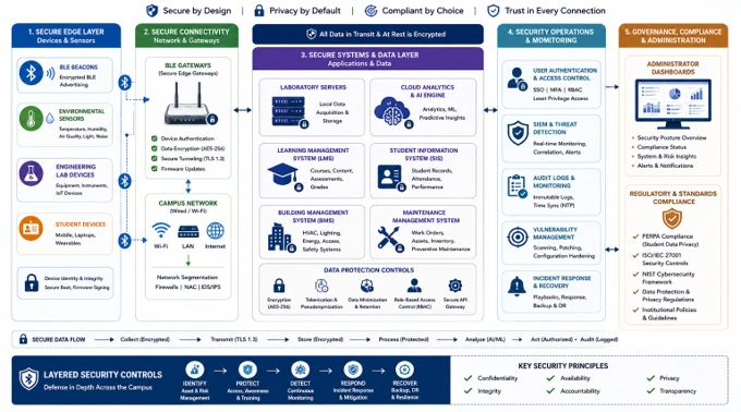 Infographic showing AI and BLE connecting smart classrooms, engineering labs, research facilities, and campus systems for intelligent technical education.