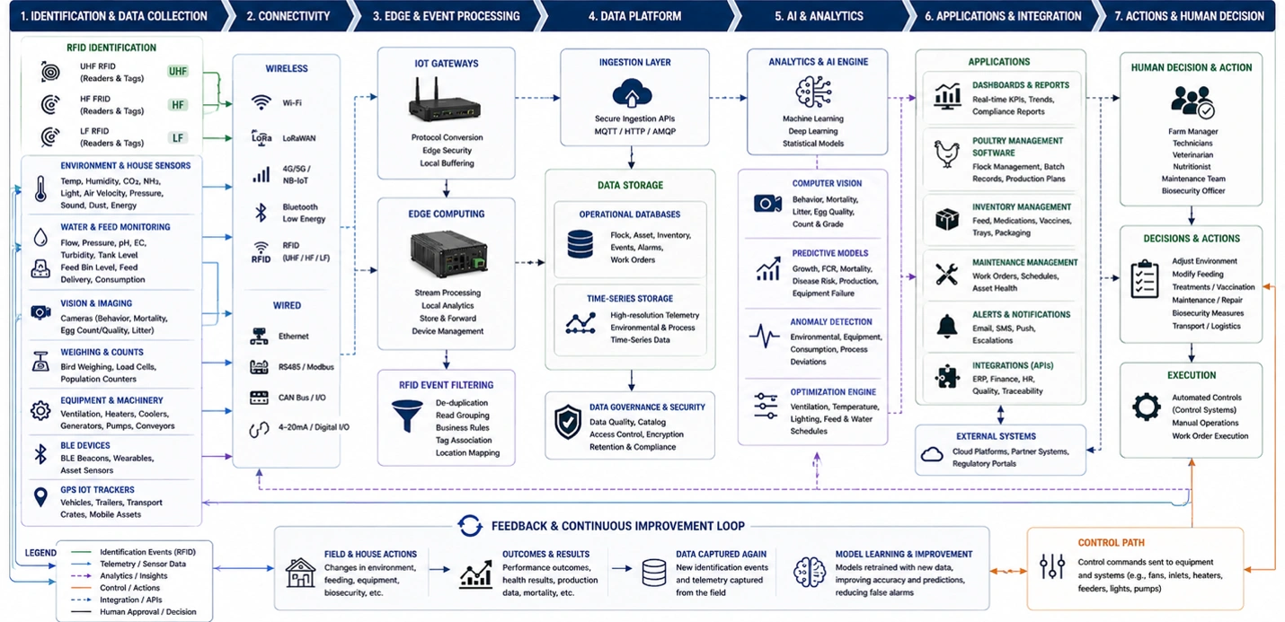 AI and RFID poultry workflow showing sensors, data platforms, AI analytics, decisions, controls, and feedback loops.