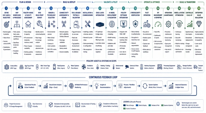 AI and RFID poultry decision tree showing technology choices for identification, sensing, connectivity, edge, AI, and software.