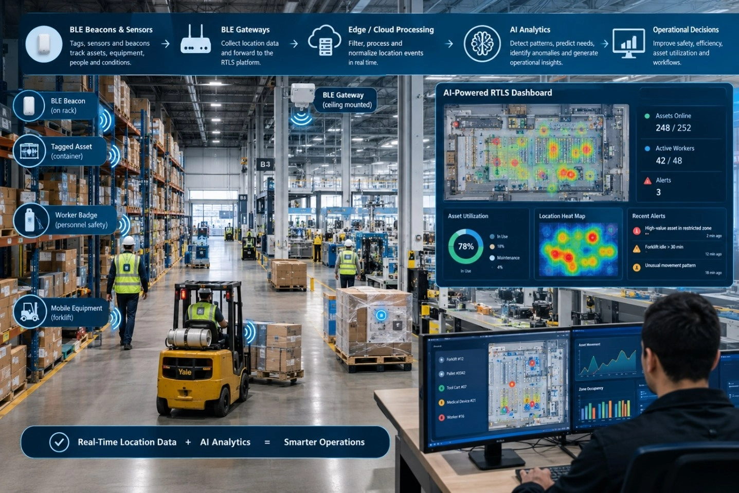 AI-powered BLE RTLS tracks warehouse assets, workers, gateways, and location analytics for smarter operations