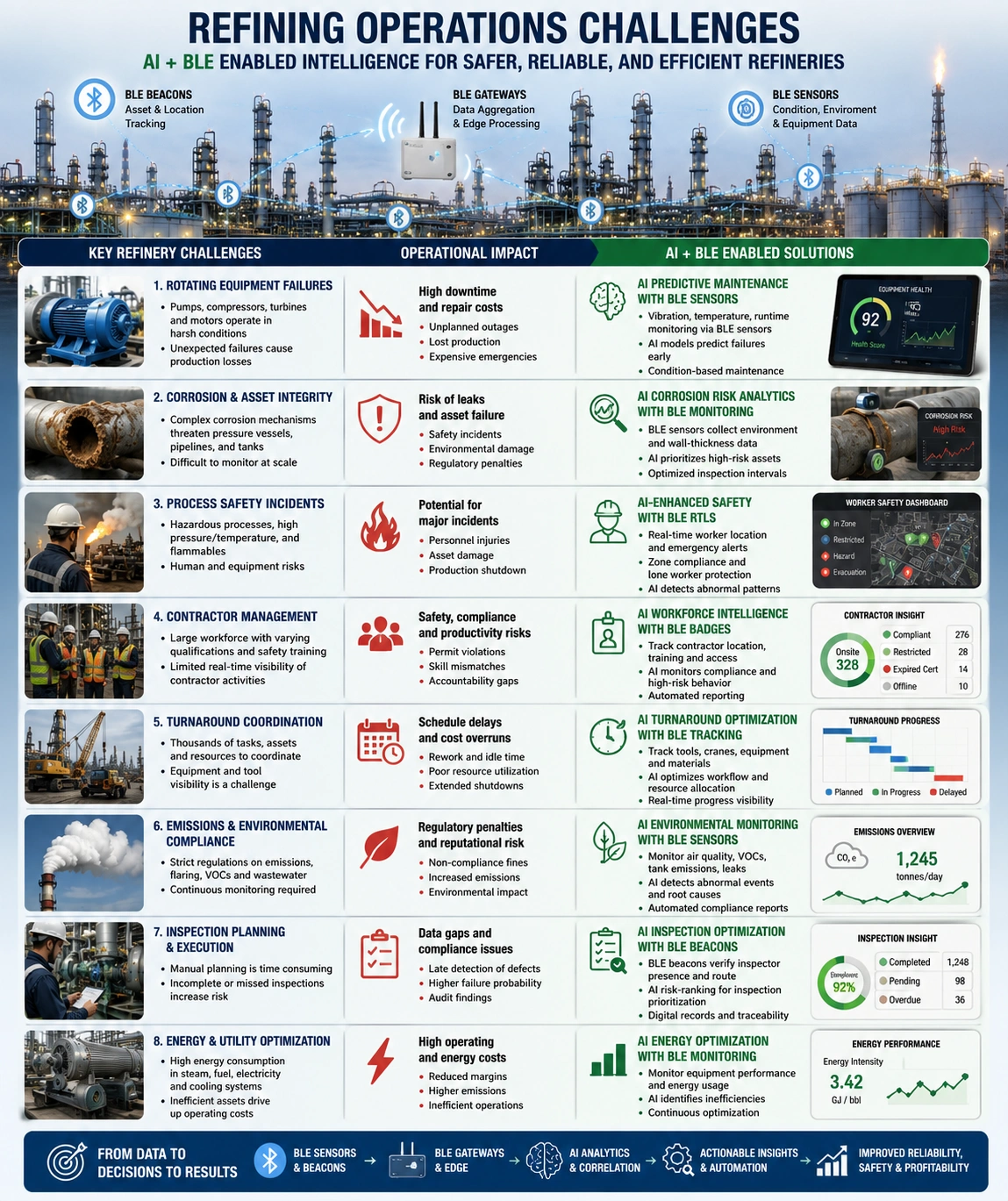 Infographic showing AI and BLE solutions addressing refinery maintenance, safety, corrosion, emissions, and energy challenges.