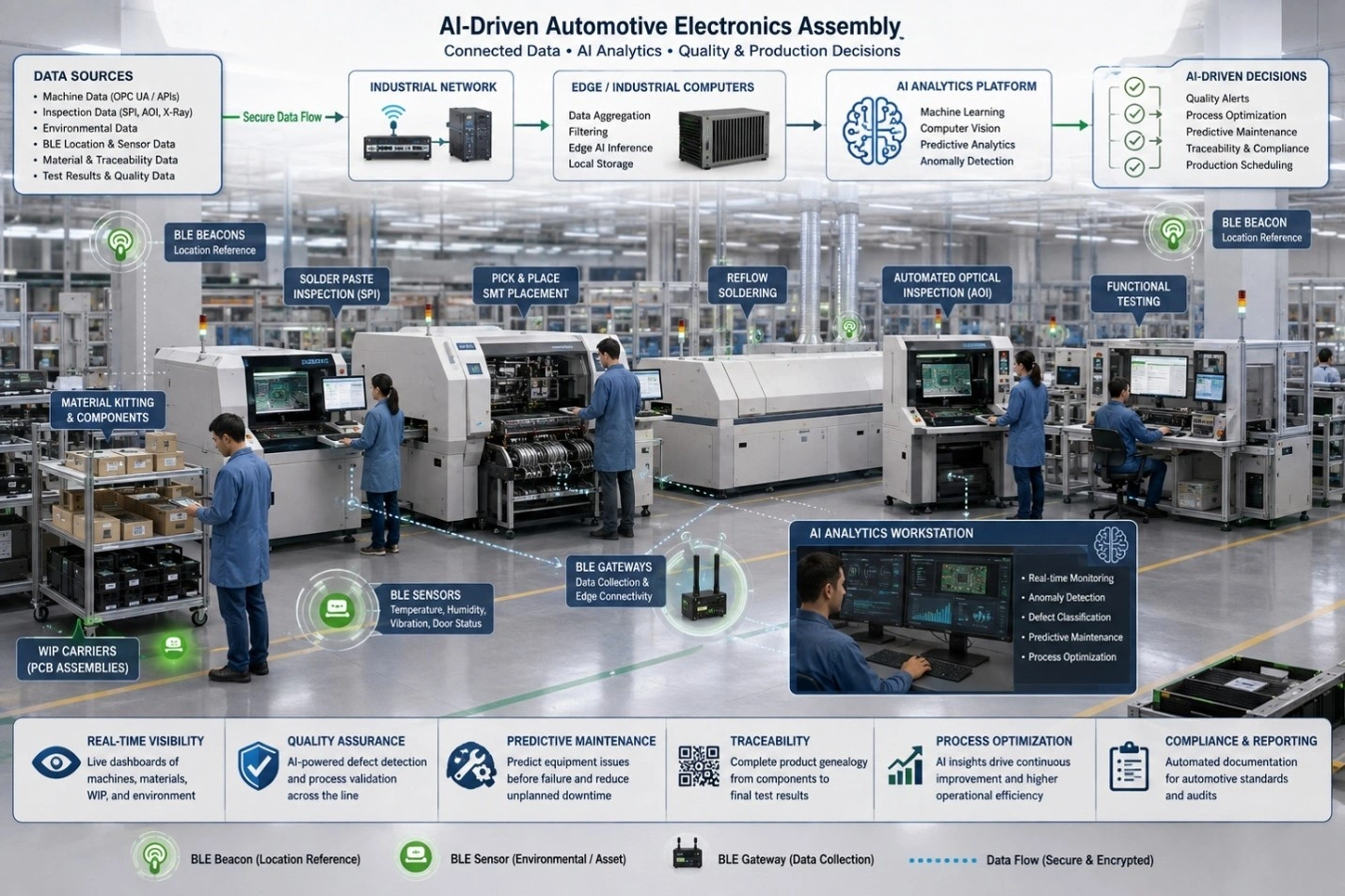 AI-enabled automotive electronics assembly line with BLE sensors, gateways, edge computing and analytics