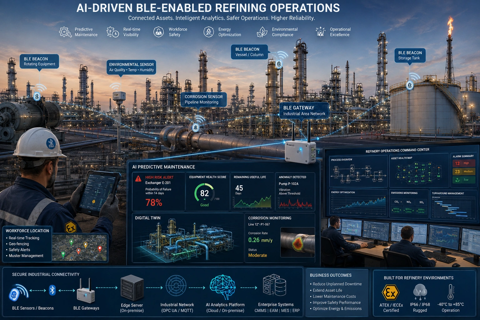 AI monitors BLE-connected refinery equipment, workers, and assets for predictive maintenance and operational safety.