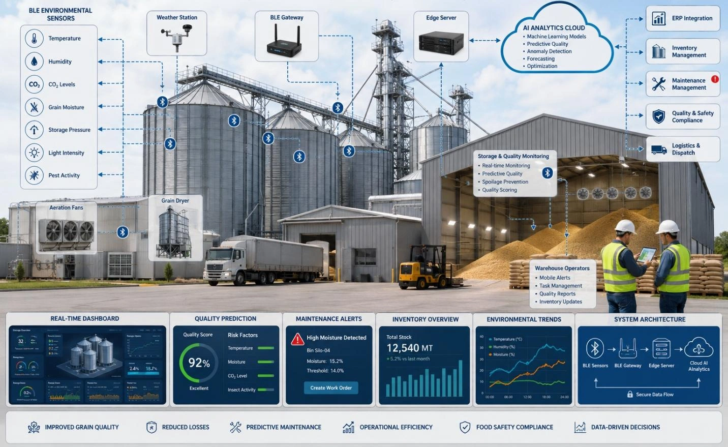 Professional enterprise illustration of a modern grain storage facility featuring silos, warehouses, conveyor systems, grain dryers, aeration fans