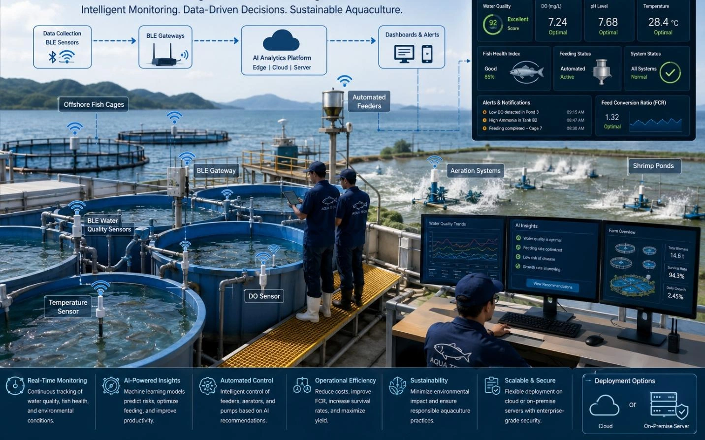 Professional enterprise aquaculture facility featuring circular fish tanks, offshore fish cages, shrimp ponds.