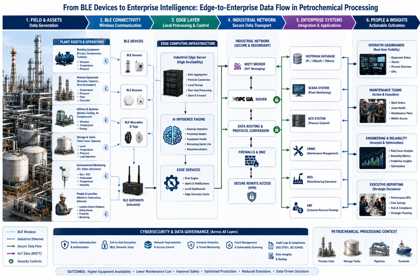 Block diagram showing BLE data flow from petrochemical assets through edge AI to SCADA, CMMS, ERP, and operator dashboards.