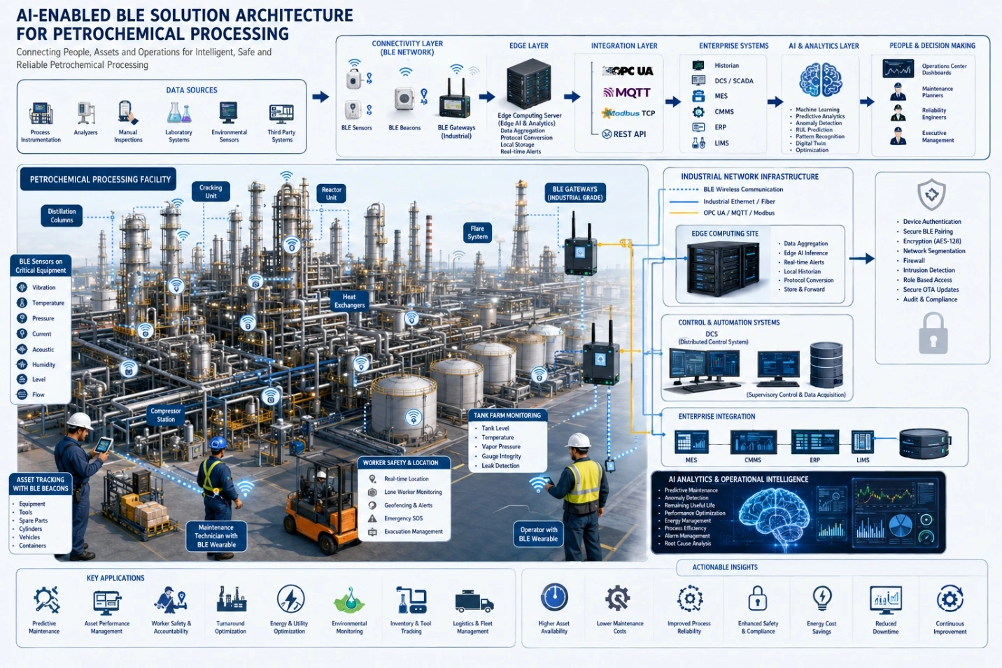 AI-enabled BLE architecture showing petrochemical assets, edge computing, enterprise systems, and predictive analytics.