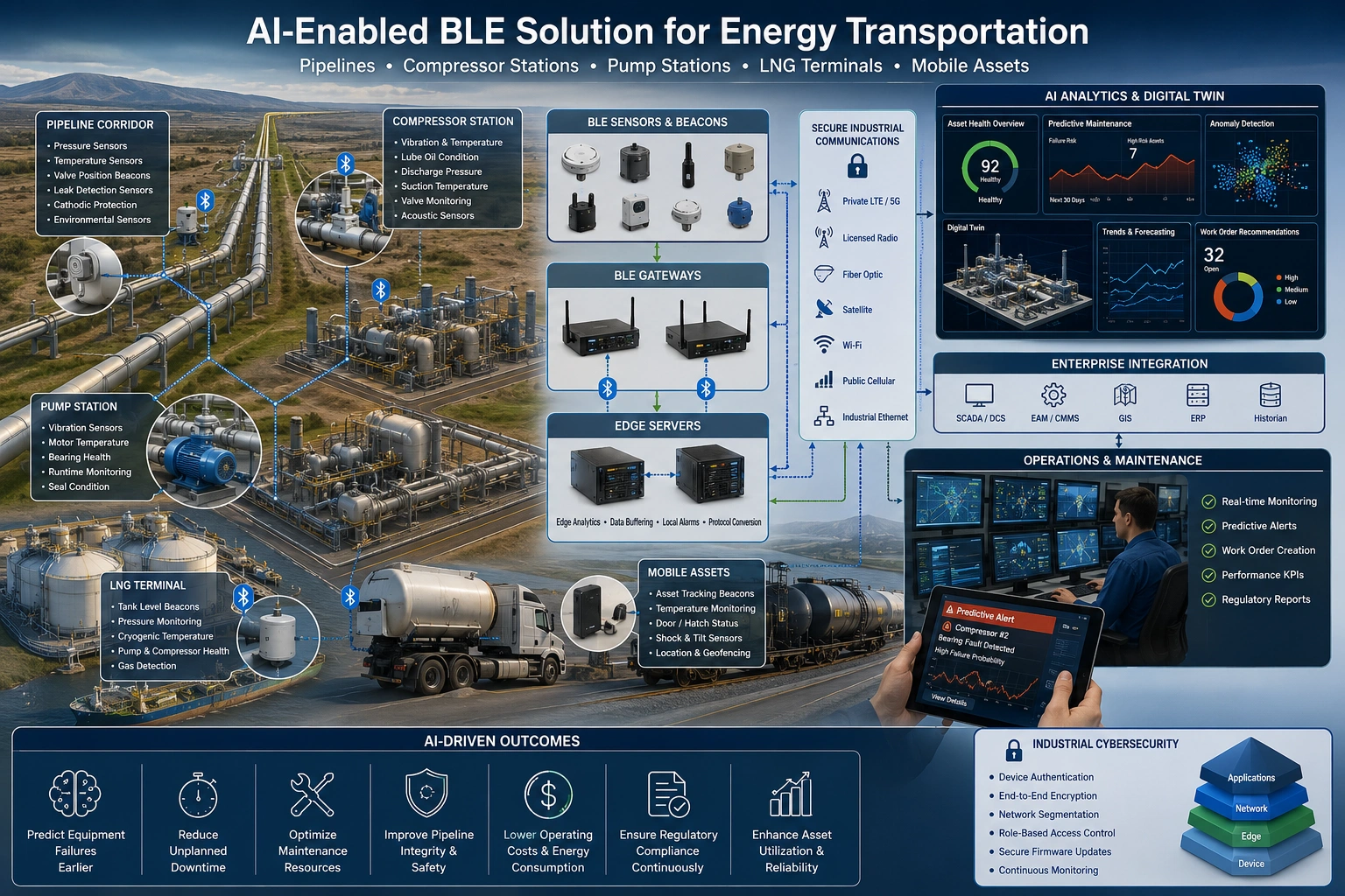 AI-enabled BLE monitoring system connecting pipelines, LNG terminals, gateways, edge AI, SCADA, and predictive maintenance dashboards.