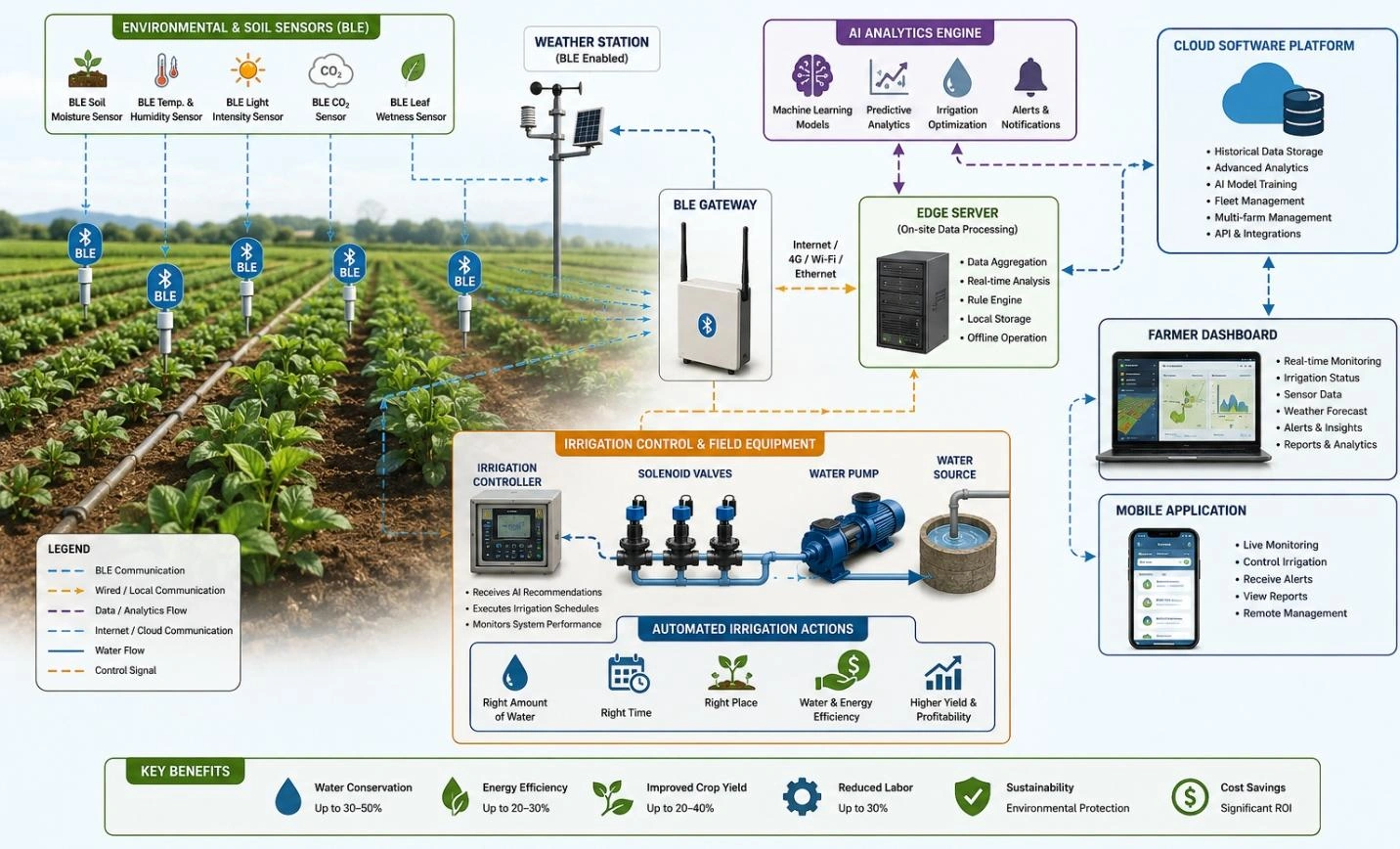 Professional engineering diagram illustrating an AI-powered smart irrigation system using BLE technologies.
