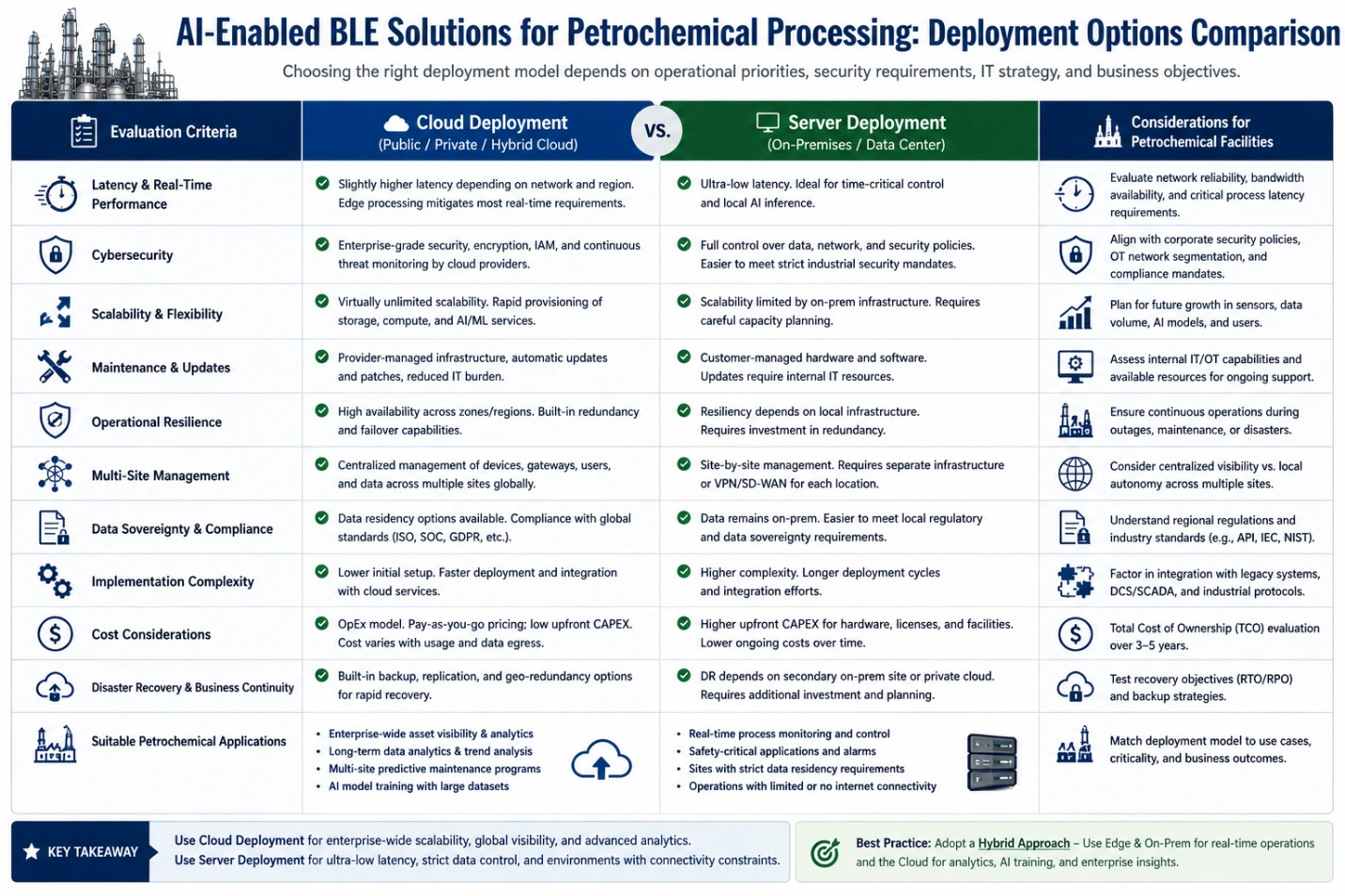 Comparison table of cloud and server deployment models for AI-enabled BLE solutions in petrochemical processing.
