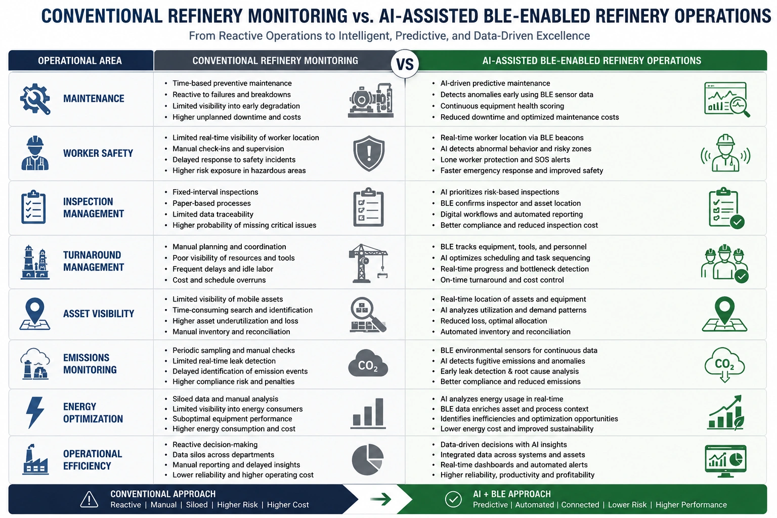 Comparison table showing conventional refinery monitoring versus AI-assisted BLE-enabled operations across maintenance, safety, inspections, and efficiency.