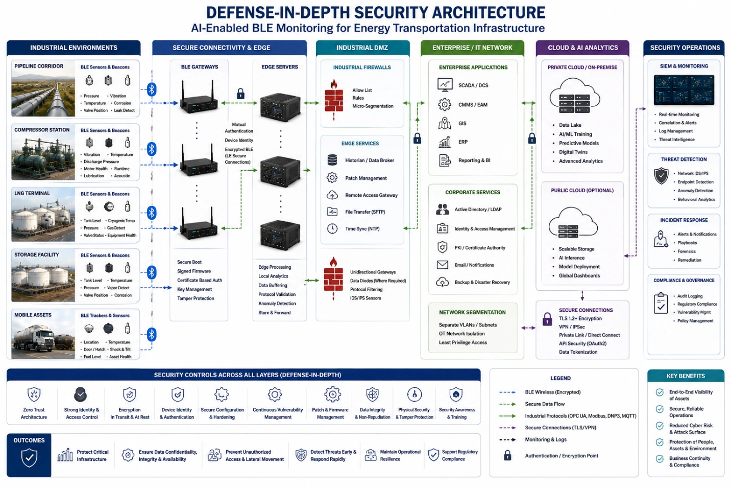 Defense-in-depth diagram securing BLE sensors, gateways, edge AI, SCADA, cloud, and enterprise systems for energy transportation.