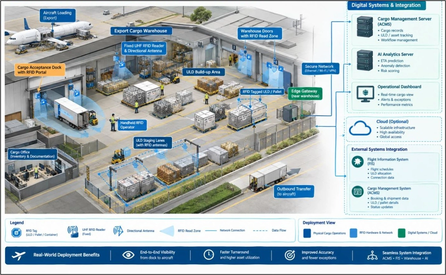 Technical diagram showing airport cargo RFID readers and AI servers connected for asset tracking and data analysis.