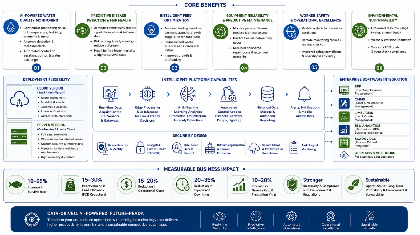 Professional executive infographic highlighting the benefits of AI-enabled aquaculture facilities using BLE sensors.