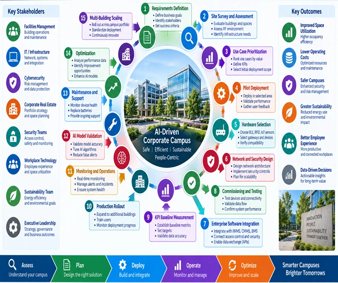Corporate campus AI lifecycle from requirements and pilot deployment through integration, monitoring, optimization, and scaling.