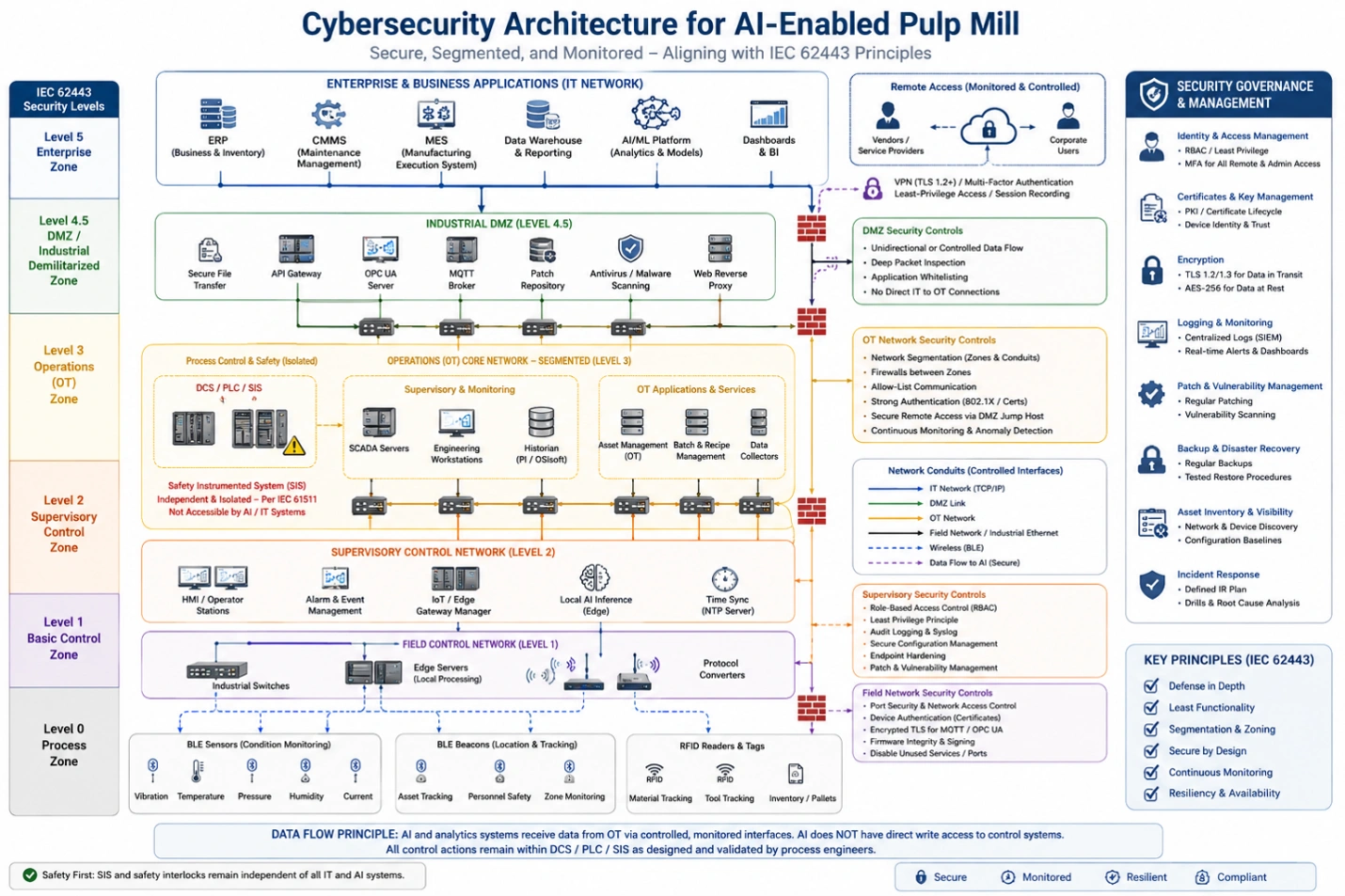 IEC 62443 pulp mill cybersecurity diagram with BLE sensors, OT zones, firewalls, AI systems, and secure data flows.