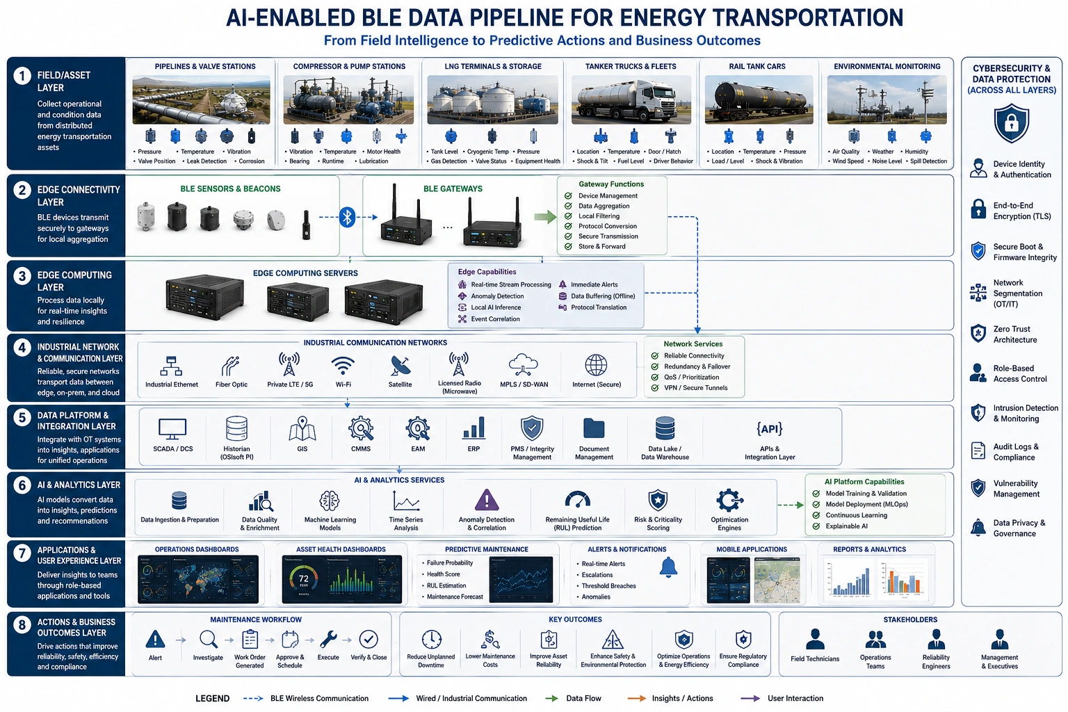 Layered diagram of BLE sensors, edge computing, AI analytics, enterprise systems, and predictive maintenance for energy transportation.