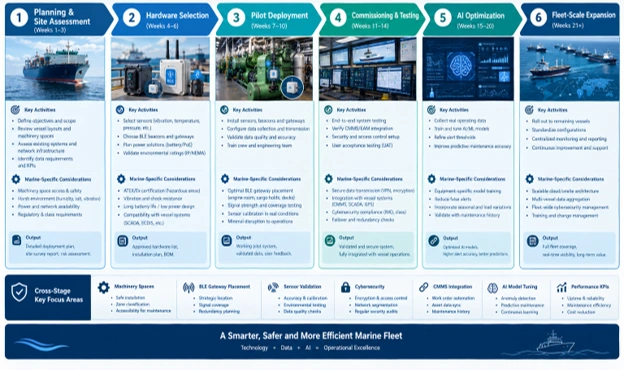 Six-stage marine engineering deployment timeline covering BLE, cybersecurity, CMMS integration, AI optimization, and fleet expansion.