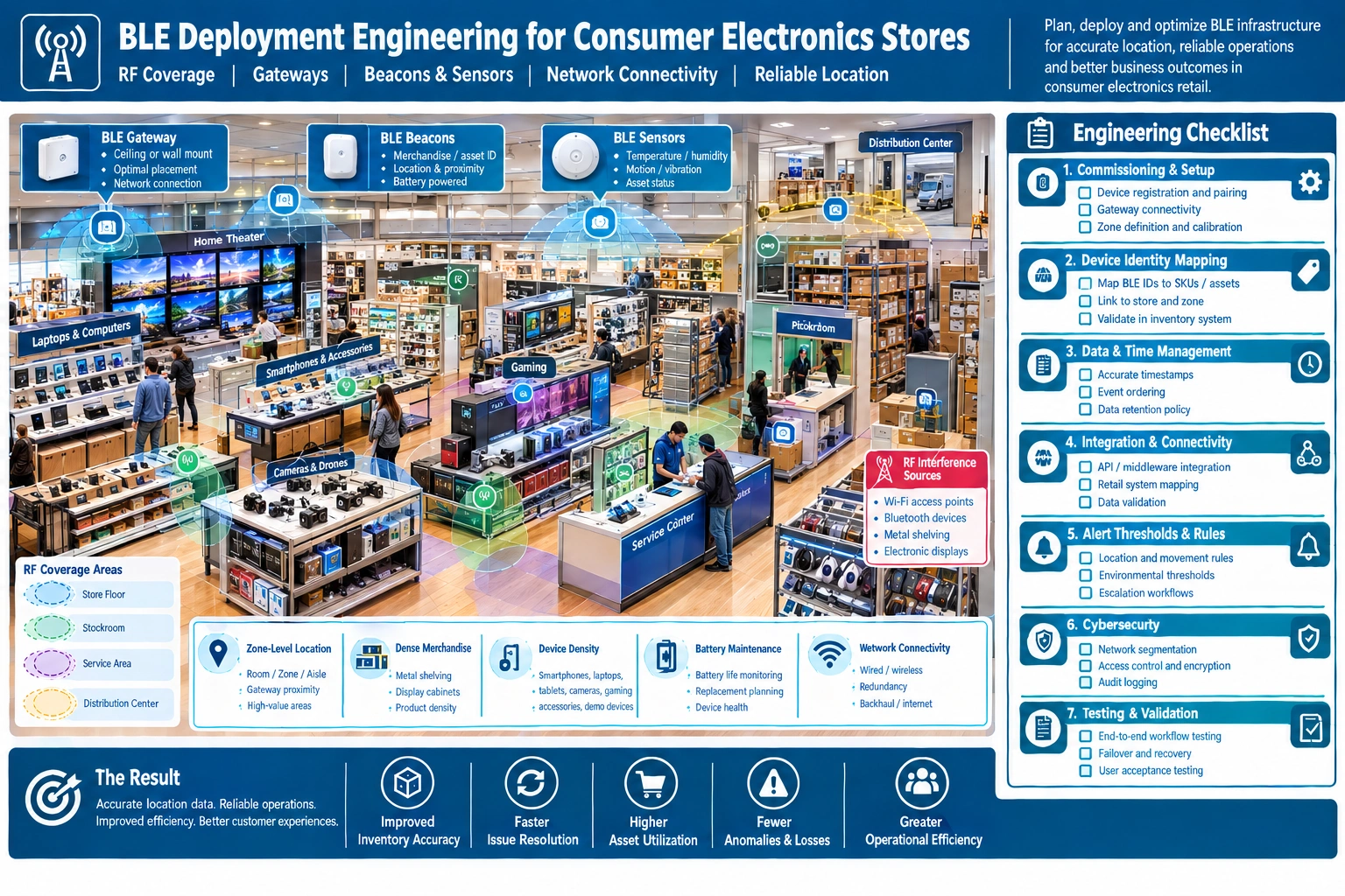 Consumer electronics retail architecture linking BLE devices, edge processing, retail systems, AI analytics, and actions.