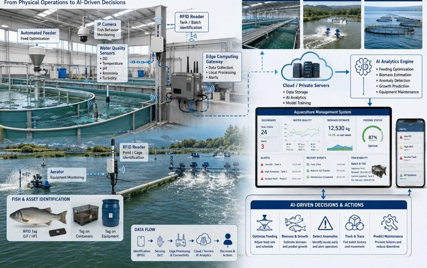 AI and RFID aquaculture system connecting sensors, fish tracking, edge computing, servers, and AI analytics.