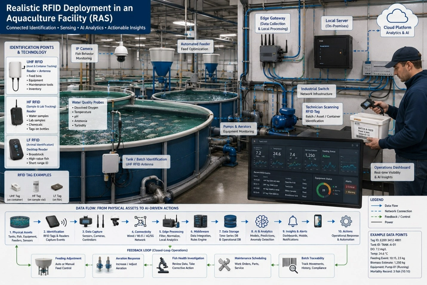 Recirculating aquaculture facility showing RFID readers, sensors, edge gateway, AI analytics, and operational dashboard.