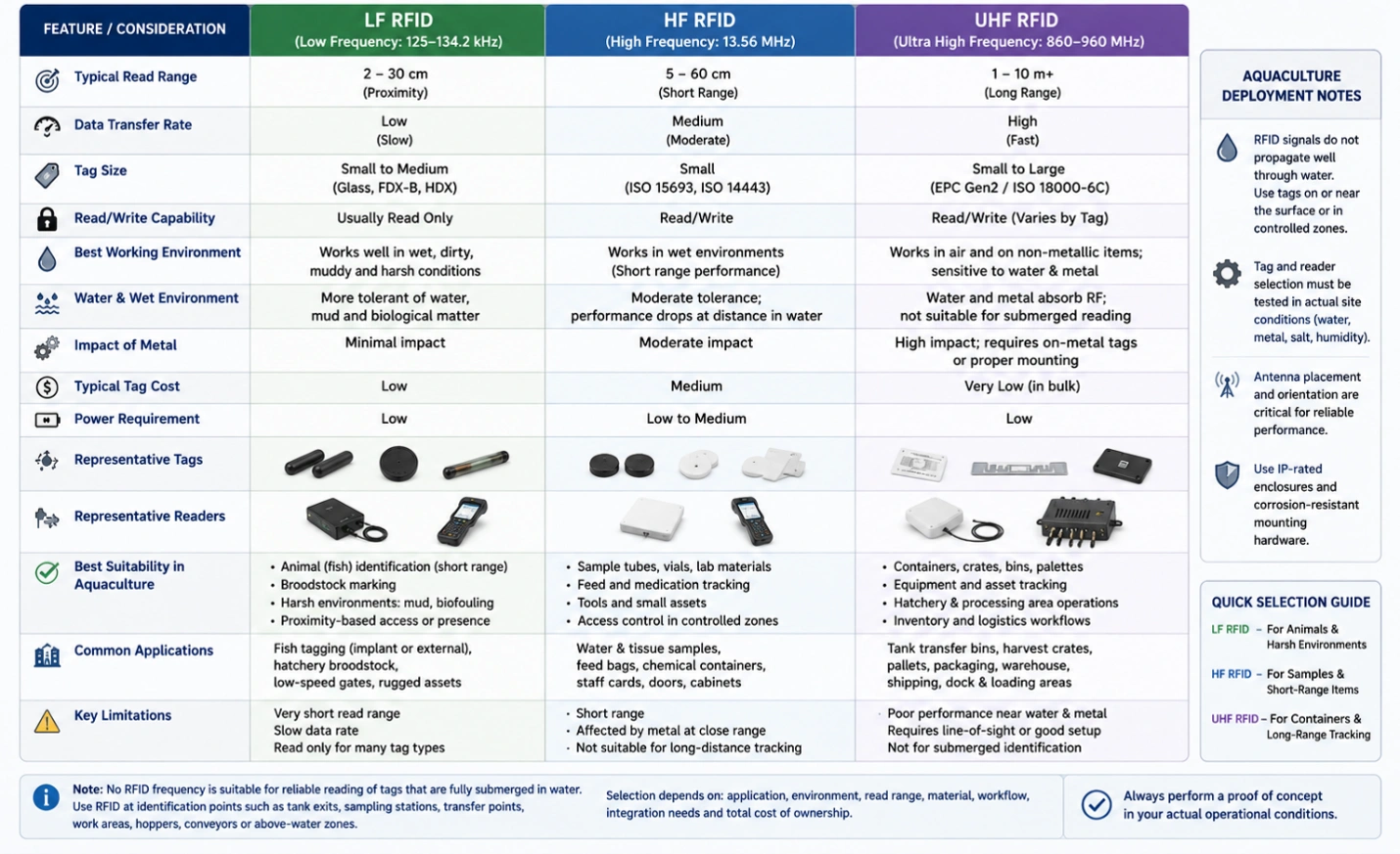 Aquaculture RFID comparison of LF, HF and UHF technologies, applications, read ranges, limitations, and deployment guidance.