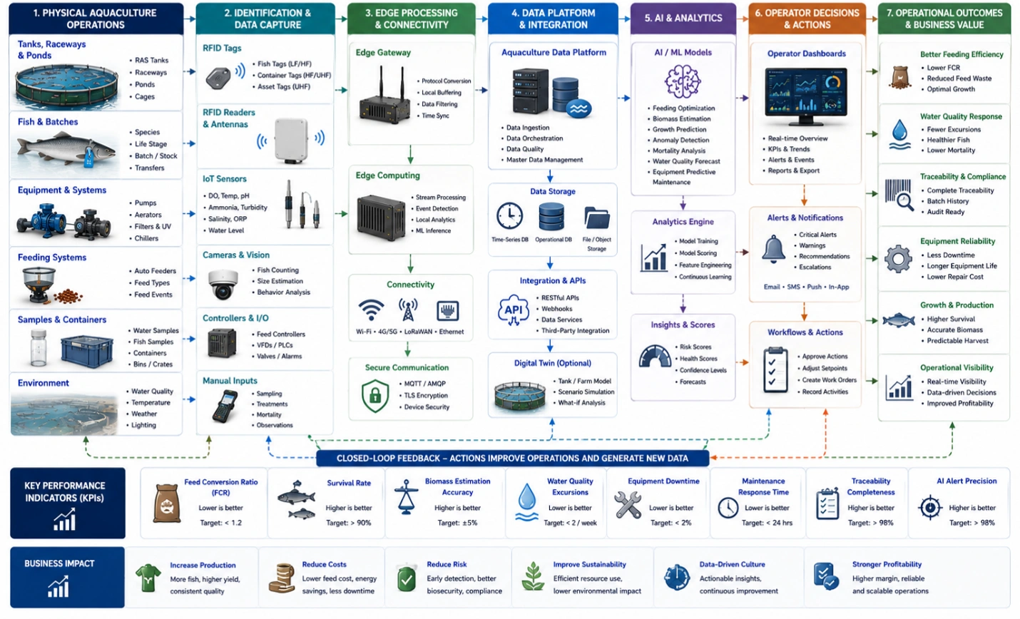 Aquaculture AI value chain linking RFID, IoT data, AI analytics, operational actions, and measurable KPIs.