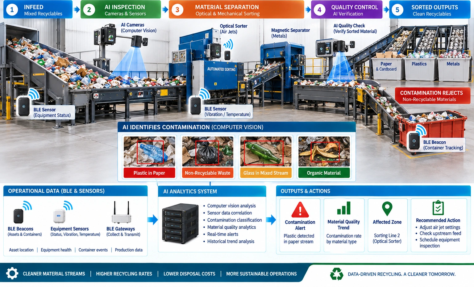 AI recycling system combines vision and BLE data to detect contamination, track material quality and recommend corrective actions.