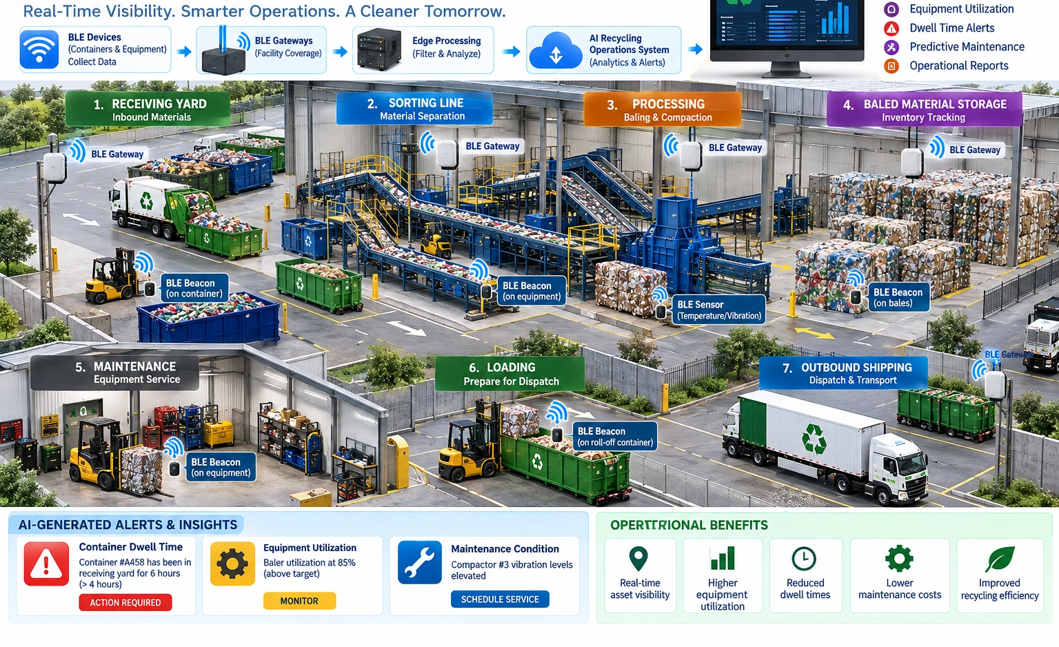 AI recycling facility using BLE to track containers, equipment and bales across receiving, processing and shipping zones.