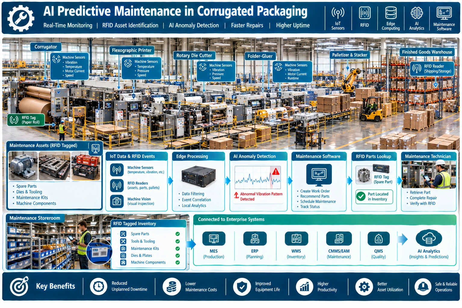AI and RFID connect corrugated machines, condition monitoring, spare parts, anomaly detection, and maintenance actions